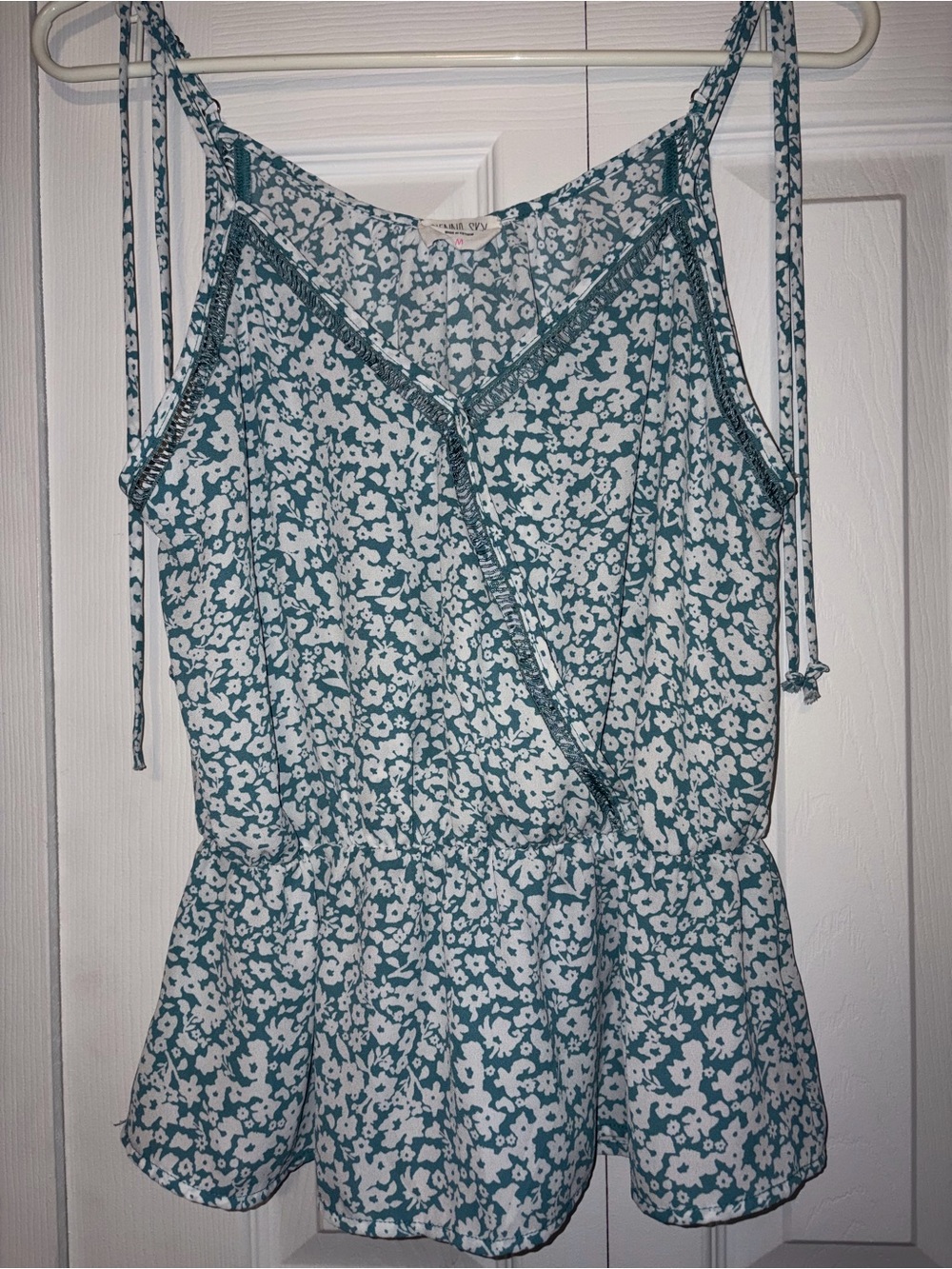 Sienna Sky Teal & White Floral Sleeveless Tie-Shoulder Top with Ladder Trim Med.